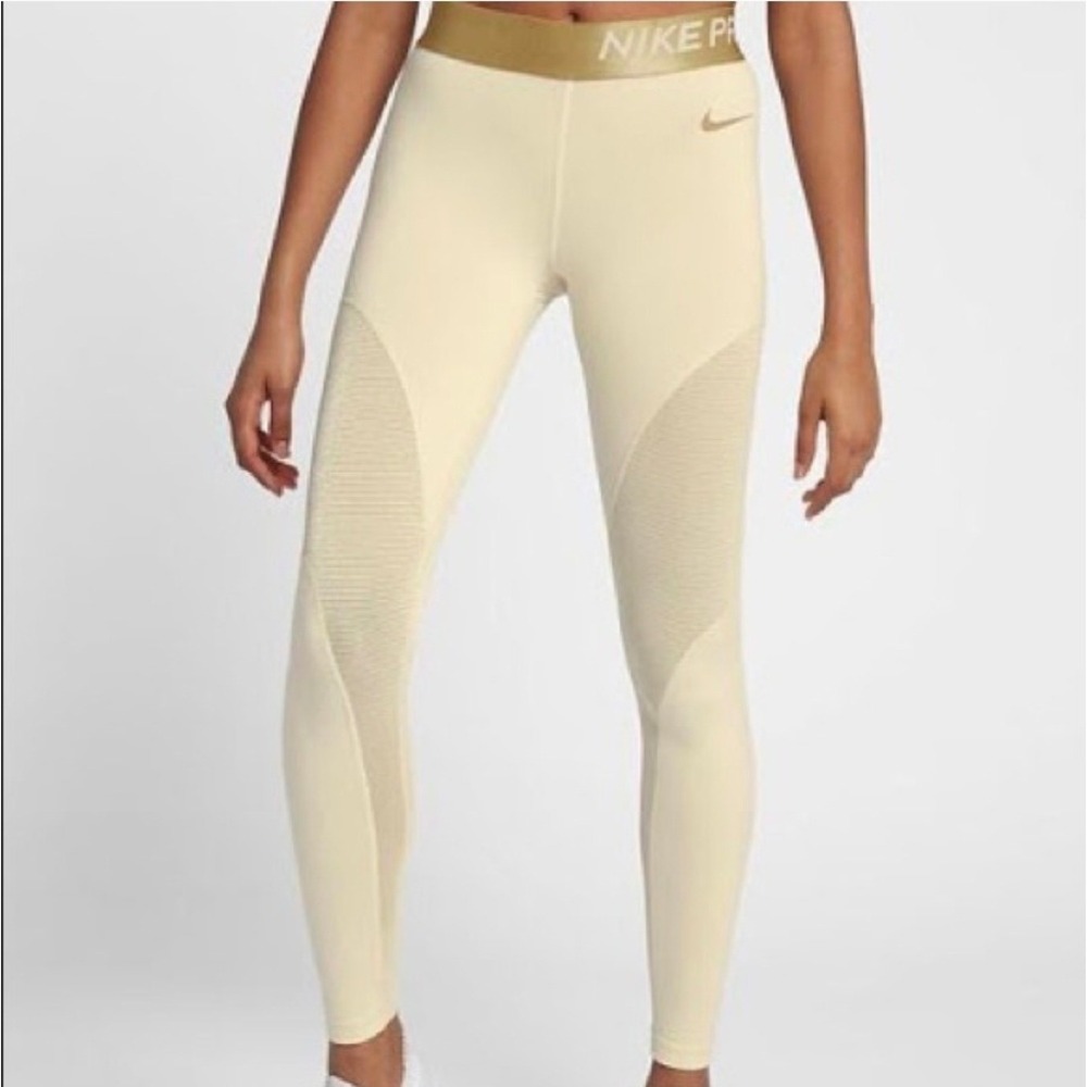 Nike Pro Dri-FIT Womens Leggings Cream Gold Metallic Waistband Mesh Panels Small - Picture 2 of 8